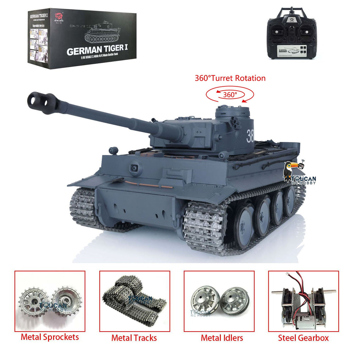 TOUCAN RC HOBBY Heng Long 1/16 TK7.0 German Tiger I RTR RC Tank 3818 with 360 Degrees Turret Infrared Combat Smoke BB Unit Metal Tracks Sprockets