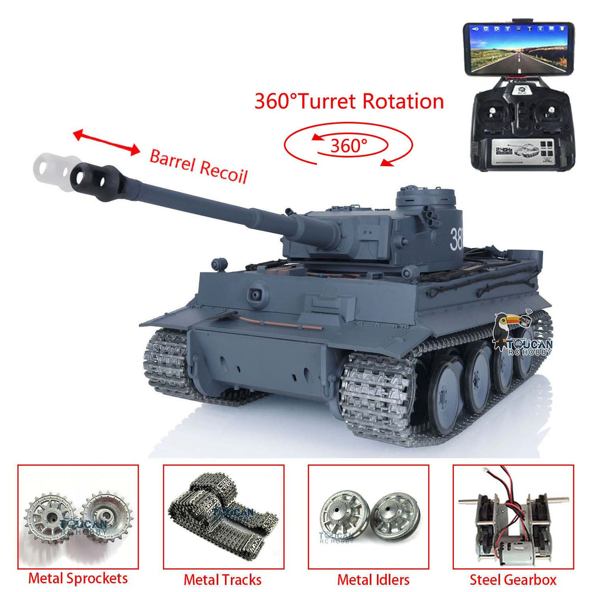 TOUCAN RC HOBBY Heng Long 1/16 TK7.0 Promotion 3818 Tiger I RTR RC Tank FPV 360 Degrees Turret Barrel Recoil Smoke BB IR Metal Tracks Sprockets Idlers Wheels