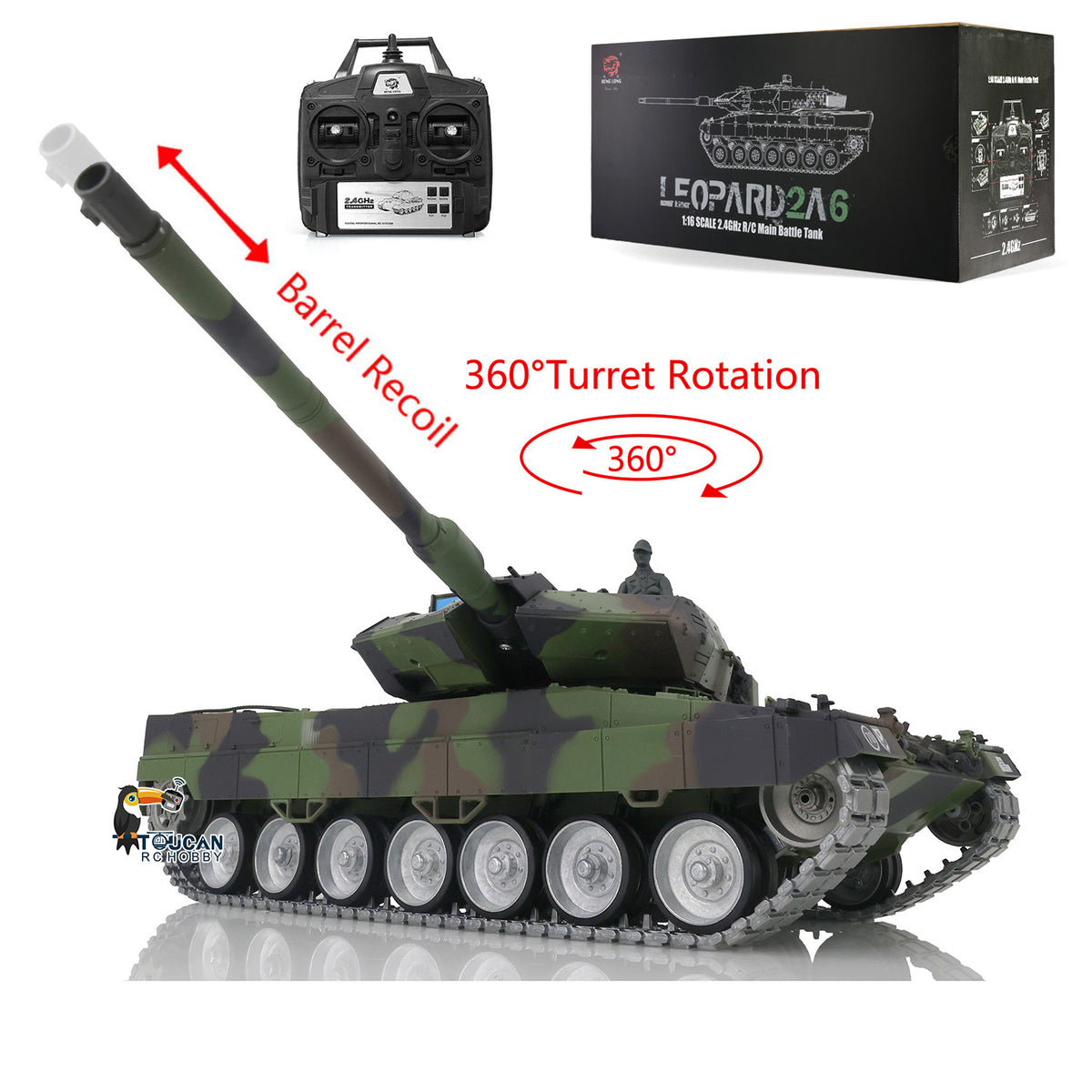 TOUCAN RC HOBBY Heng Long 1/16 7.0 Individueller Leopard 2A6 RC-Panzer 3889 mit Metallketten, Laufrollen, Rohrrucklauf, um 360 Grad drehbarem Turm und Motorsound