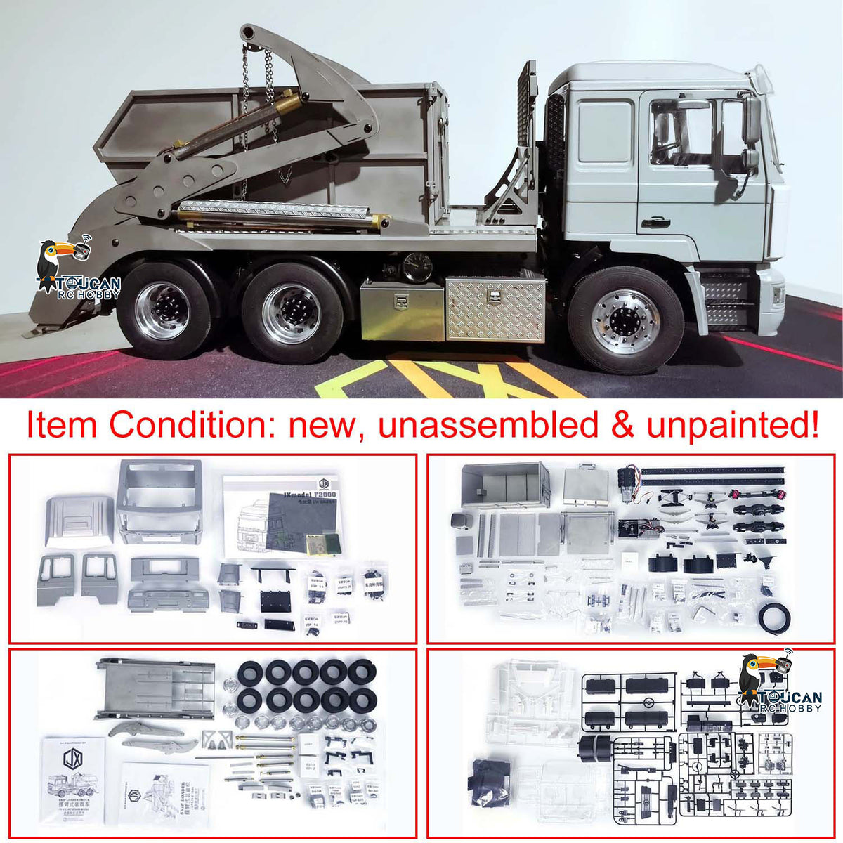 TOUCAN RC HOBBY JXModel VL18U F2000 K3363 Cabin 1/14 Metal 6x4 RC Hydraulic Skip Loader KIT Swing Arm Dump Garbage Truck 4-Way Valve 2-Speed Gearbox for Hobby Builders