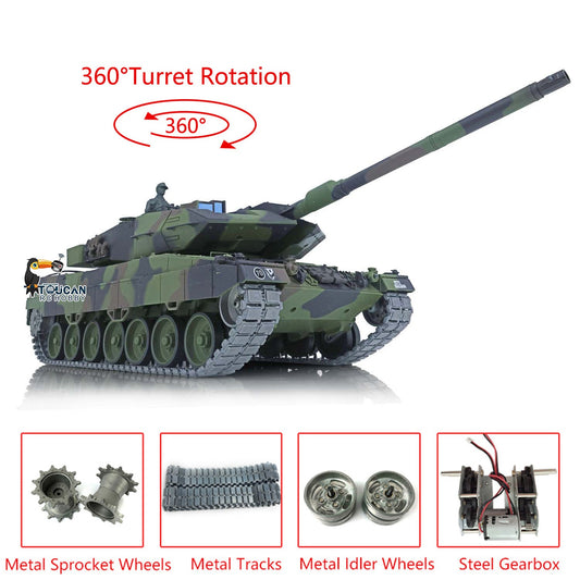TOUCAN RC HOBBY Heng Long 1/16 TK7.0 Leopard2A6 RTR RC Tank 3889 with 360 Degrees Turret BB Infrared Combat Smoke Metal Tracks Sprockets Idlers Wheels