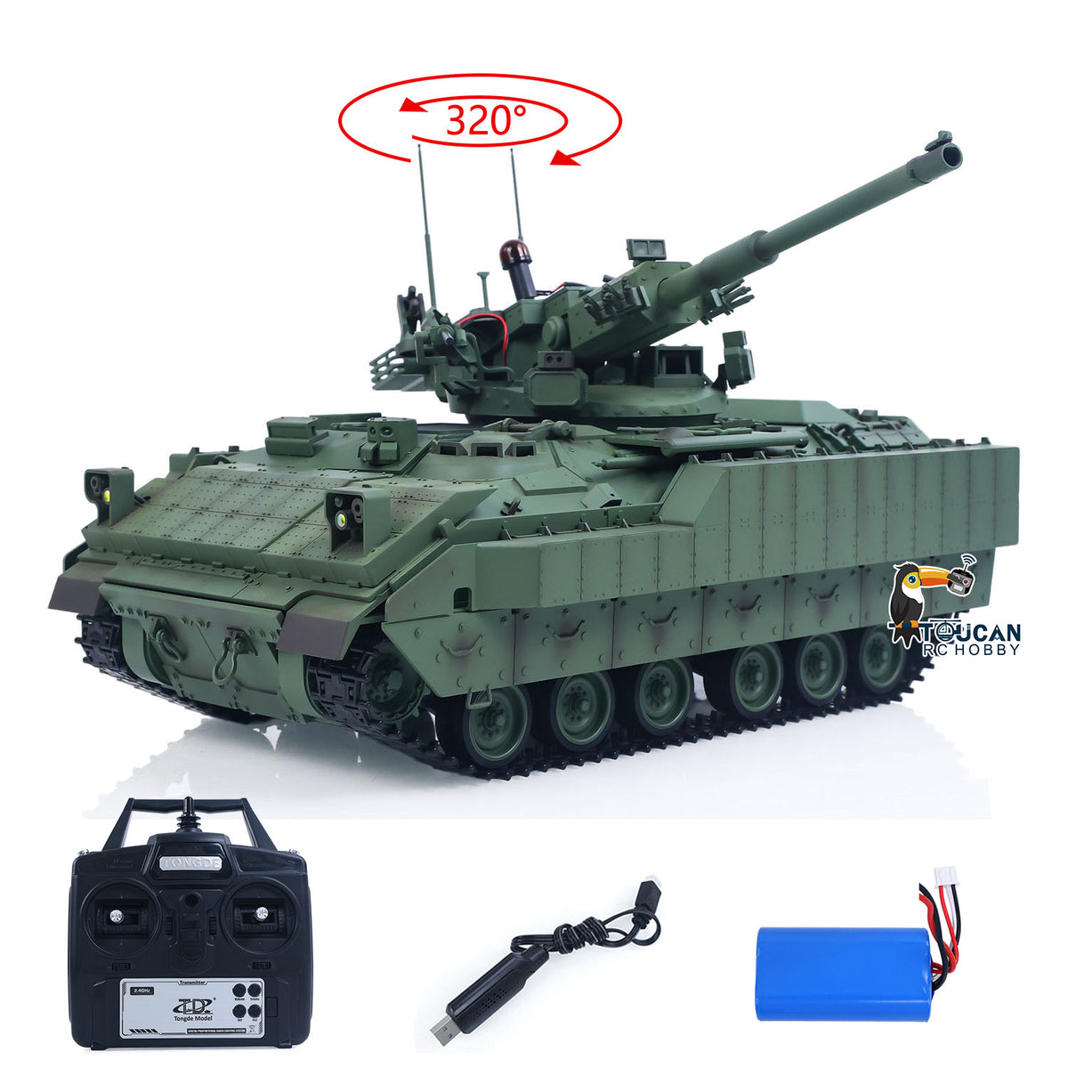 TOUCAN RC HOBBY Tongde 1/16 Remote Control Tank Model M2128 Bradley Infrared System 320 Degree Rotation Turret Light Sounds Battery Ready to Run