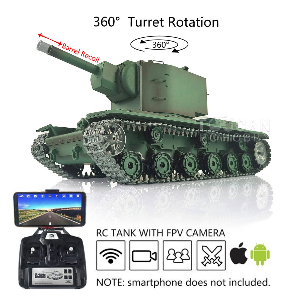 TOUCAN RC HOBBY Heng Long 1/16 TK7.0 Promotion Soviet KV-2 RTR RC Tank 3949 FPV Barrel Recoil 360 Degrees Turret Smoke IR BB Metal Tracks Sprockets Idlers Wheels Gearbox