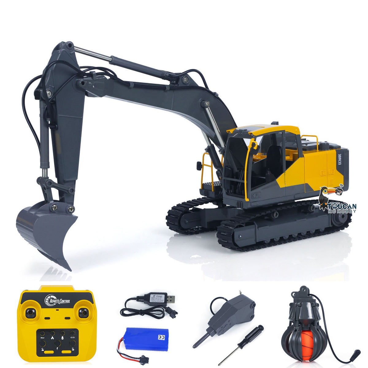 TOUCAN RC HOBBY 1/16 Double E E598 003 Electric Lifting RC Excavator Metal 2Arms Remote Control Digger Hammer Bucket Claw 360 Degrees Rotating