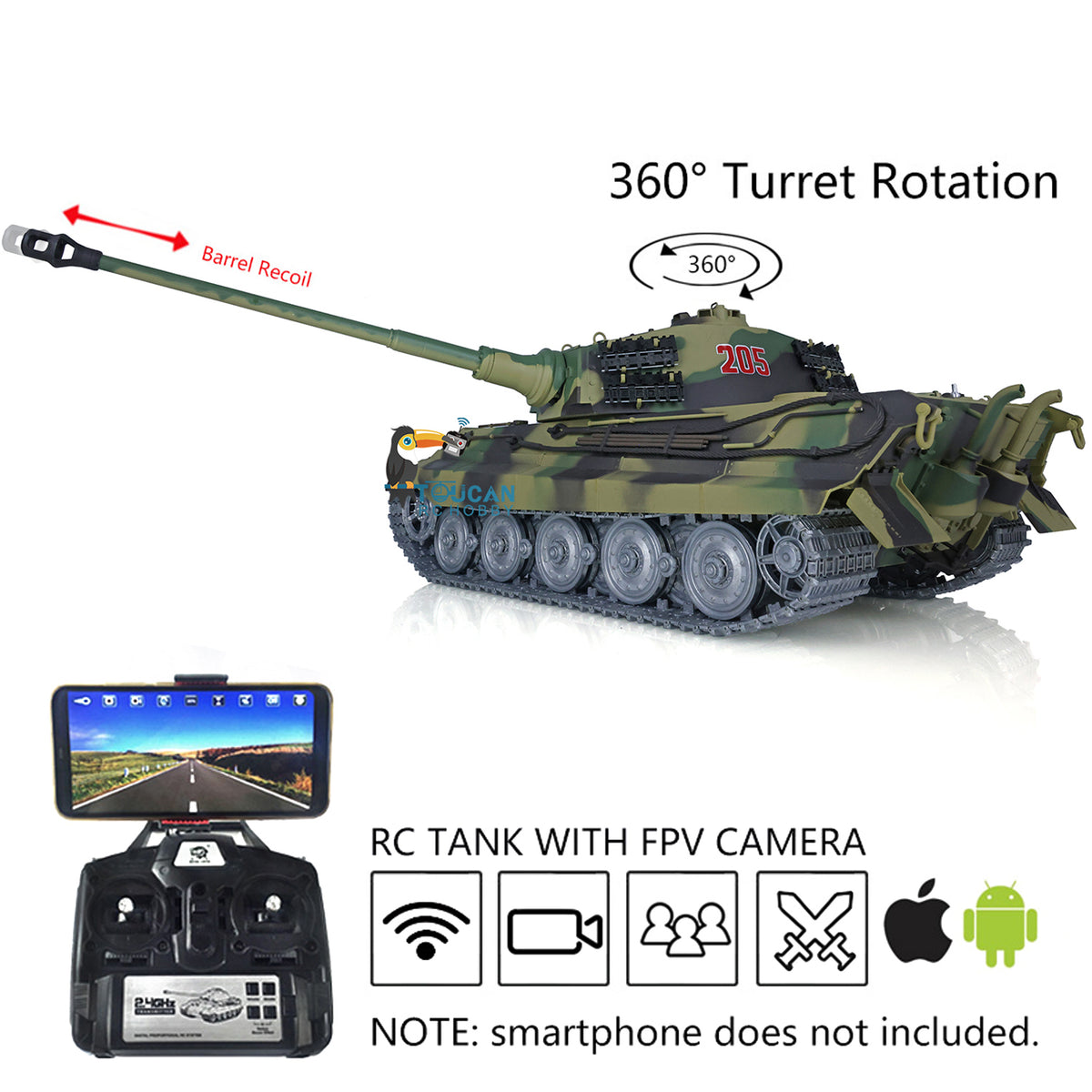 TOUCAN RC HOBBY US Stock Heng Long 1/16 7.0 Customized 3888A King Tiger RTR RC Tank Barrel Recoil FPV 360 Degree Turret IR BB Smoke Metal Road Drive Idler Wheels Tracks Gearbox