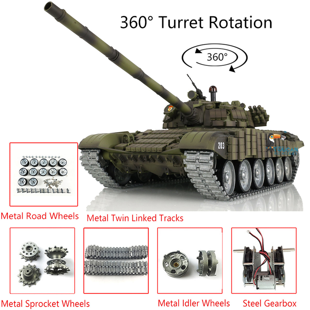TOUCAN RC HOBBY Heng Long Military 1/16 T72 TK7.0 Metal RC Battle Tank Remote Controlled Armor Tracks 360 Rotating Turret Hobby Models