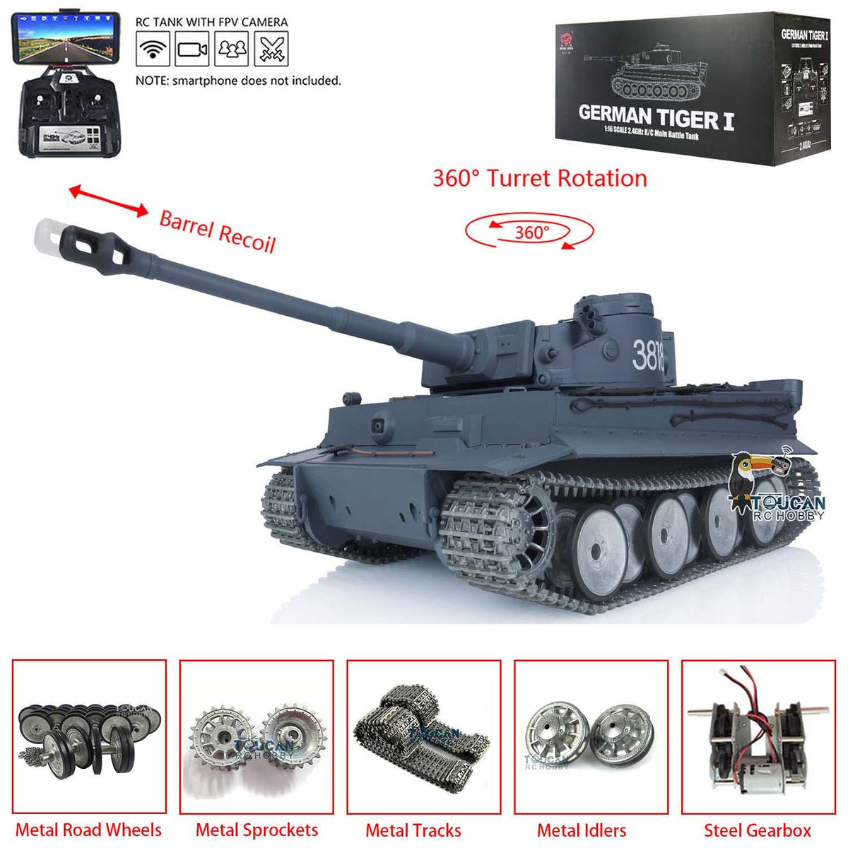 TOUCAN RC HOBBY Heng Long 1/16 TK7.0 3818 Tiger I RTR RC-Panzer FPV 360-Grad-Turm Rohr-Rücklauf Rauch Metallketten Antriebs- und Leiträder Laufrollen handlackiert