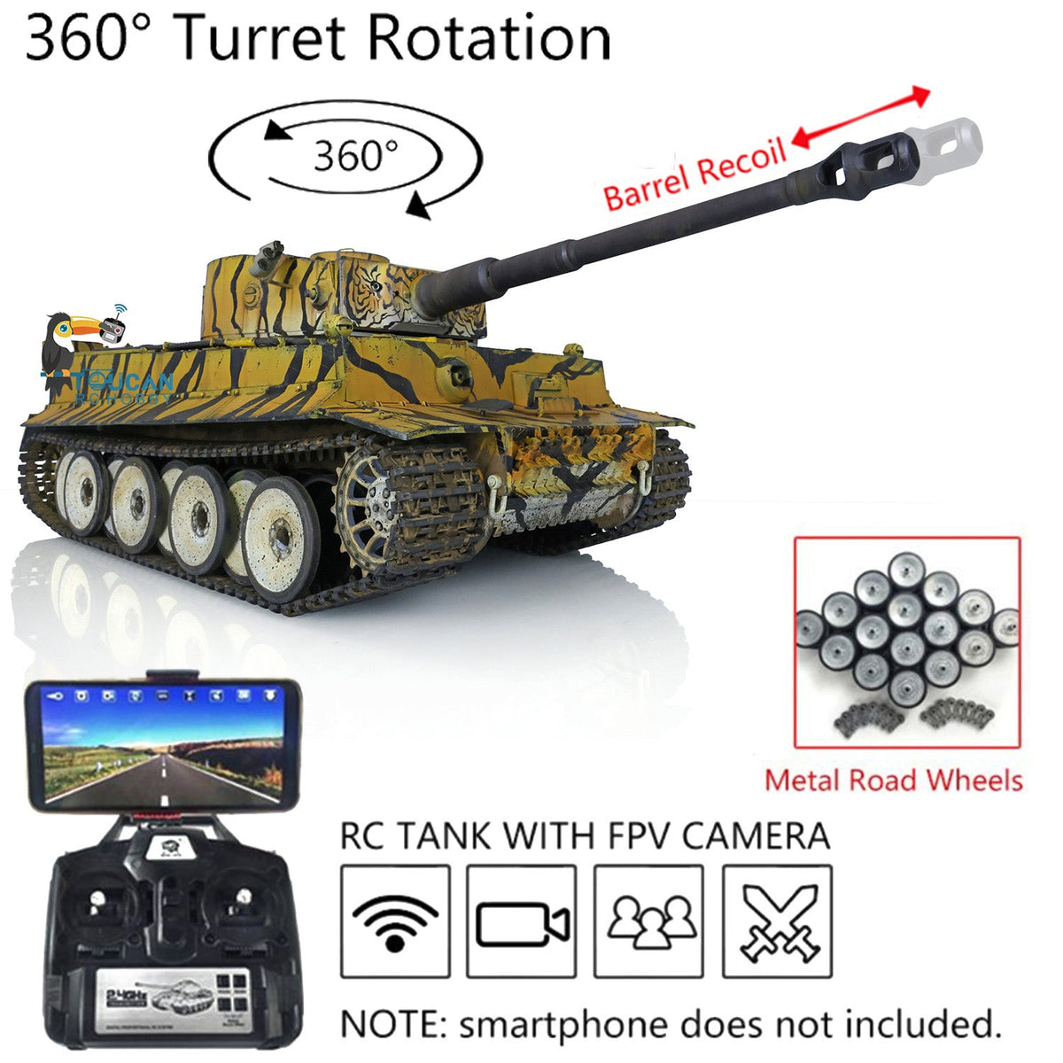 TOUCAN RC HOBBY Heng Long 1/16 TK7.0 3818 Tiger I RTR RC-Panzer FPV 360-Grad-Turm Rohr-Rücklauf Rauch Metallketten Antriebs- und Leiträder Laufrollen handlackiert