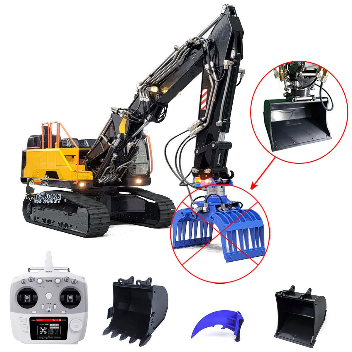 TOUCAN RC HOBBY MTModel EC380 Metal 1/14 RC Hydraulic Excavator 3-Arms Digger Tiltable Bucket 6-ways Reserving Valve Lights for Enthusiasts