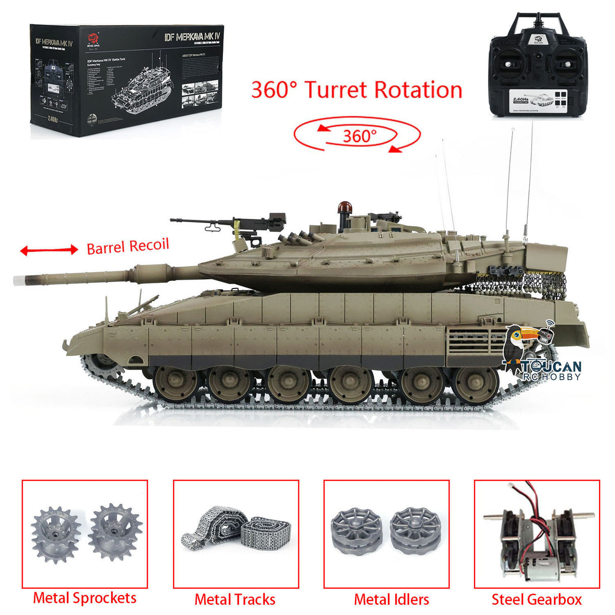 TOUCAN RC HOBBY 1:16 RC Military Battle Tanks Heng Long IDF Merkava MK IV 3958 Upgraded Edition W/ Metal Driving Gearbox Tracks RC Model