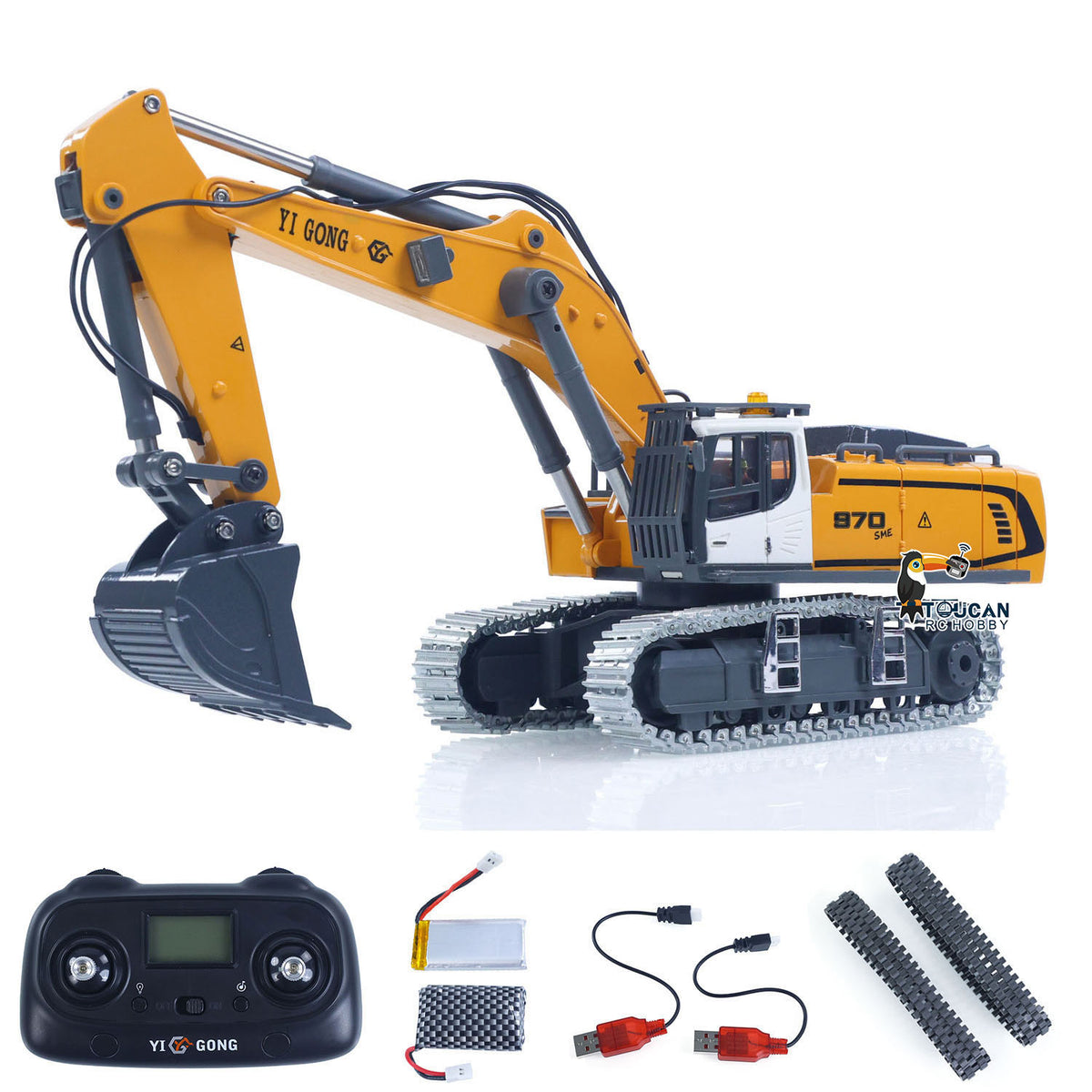 TOUCAN RC HOBBY Yi Gong 1/50 Plastic RC Excavator K970 Mini Electric Lifting Digger RTR Metal Tracks Bucket N20S Motor Lights Sound Remote Control Battery Collectible
