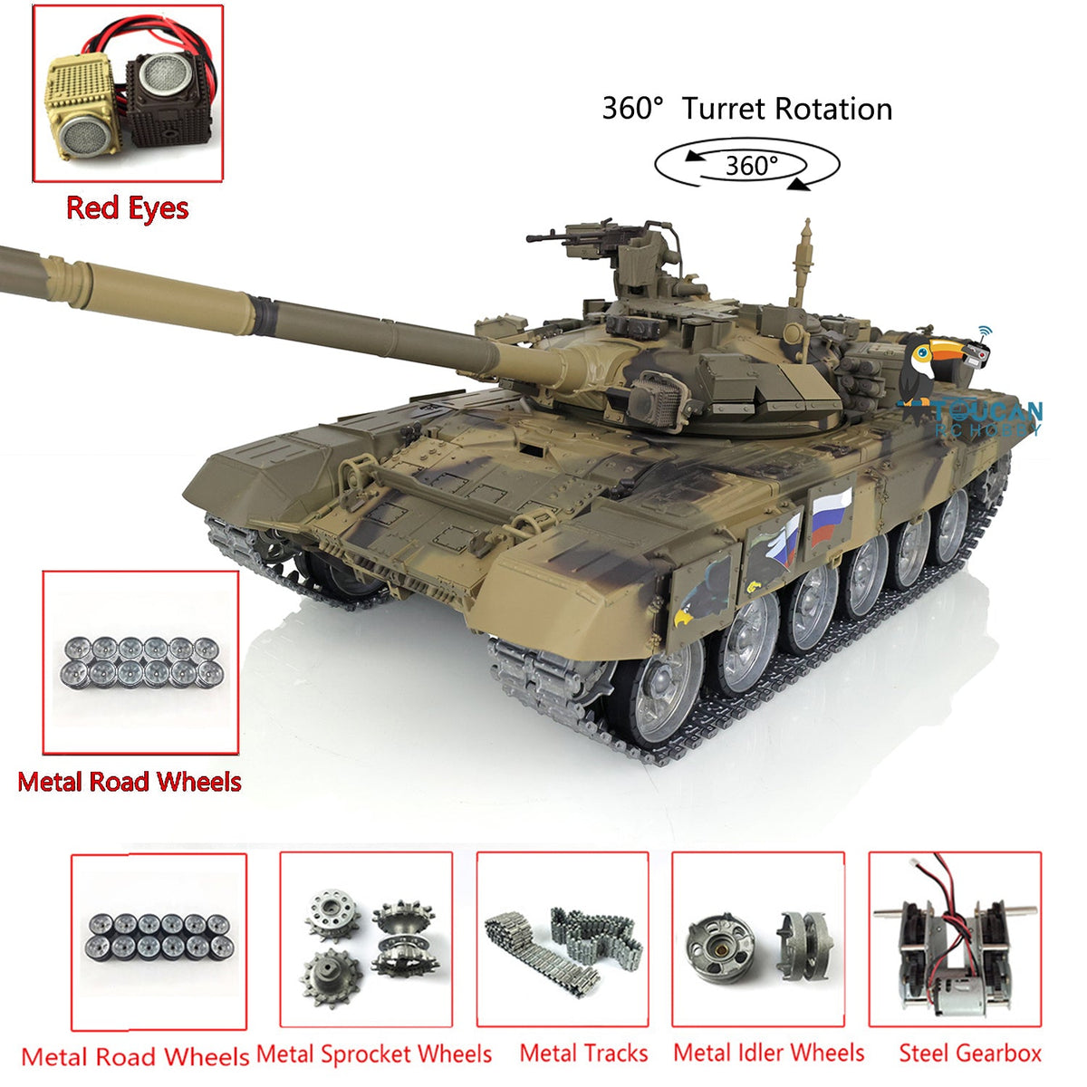 TOUCAN RC HOBBY Char RC Professionnel Heng Long 1/16 TK7.0 Russe T90 3938 avec Yeux Rouges, Tourelle à 360 Degrés, Fumée, Combat Infrarouge, Pignons, Poulies et Galets de Roulement en Métal