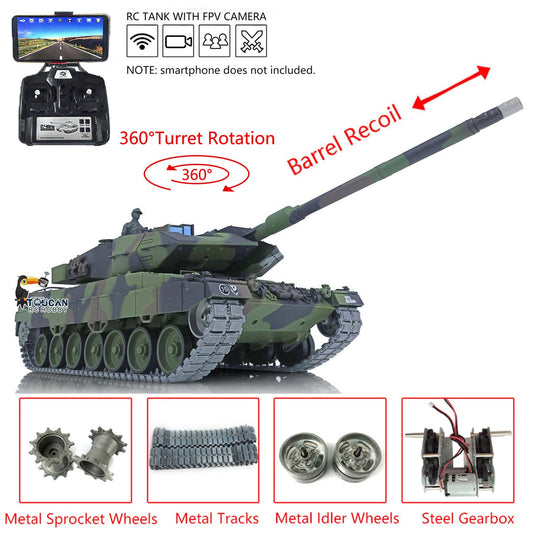TOUCAN RC HOBBY Heng Long 1/16 TK7.0 Promotion German Leopard2A6 RTR RC Tank 3889 with 360 Degrees Turret Barrel Recoil Smoke BB IR Metal Tracks Sprockets Idlers Wheels Gearbox