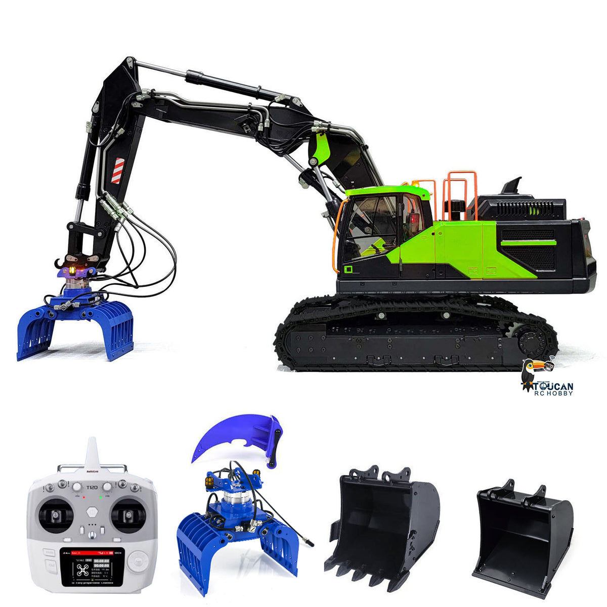 TOUCAN RC HOBBY MTModel 1/14 EC380 10CH Tracked RC Hydraulic Excavator 3 Arms Digger Grab T12D Remote Controller Metal Heavy Machine Model