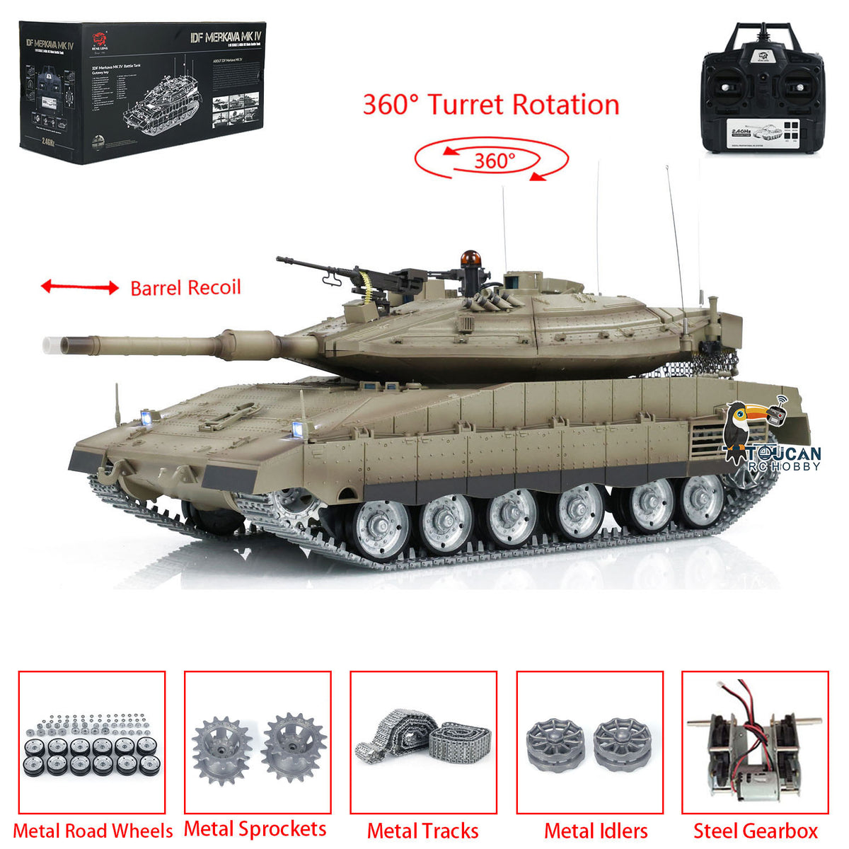 TOUCAN RC HOBBY Heng Long RC-Panzer 1/16 TK7.0 3958-1 IDF Merkava MK IV PRO Edition Metallgetriebe, Kettenräder, Ketten, Leiträder und Laufrollen Modell