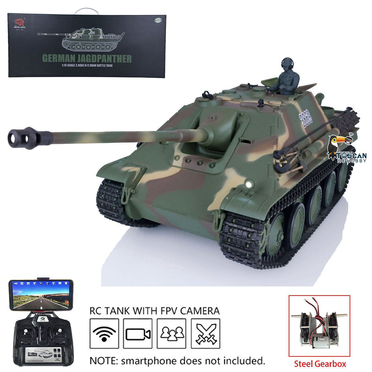 TOUCAN RC HOBBY Heng Long 1/16 TK7.0 Plastic German Jadpanther 3869 RTR RC Tank FPV Infrared Combat BB Unit Smoke Steel Gearbox Metal Barrel