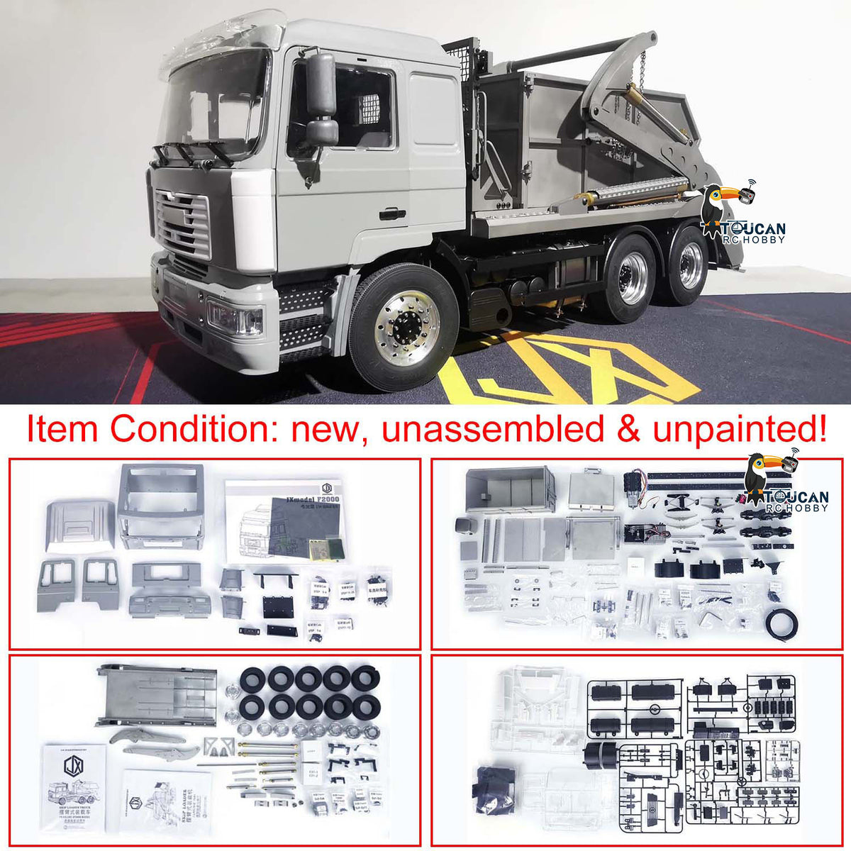 TOUCAN RC HOBBY JXModel VL18U F2000 K3363 Cabin 1/14 Metal 6x4 RC Hydraulic Skip Loader KIT Swing Arm Dump Garbage Truck 4-Way Valve 2-Speed Gearbox for Hobby Builders