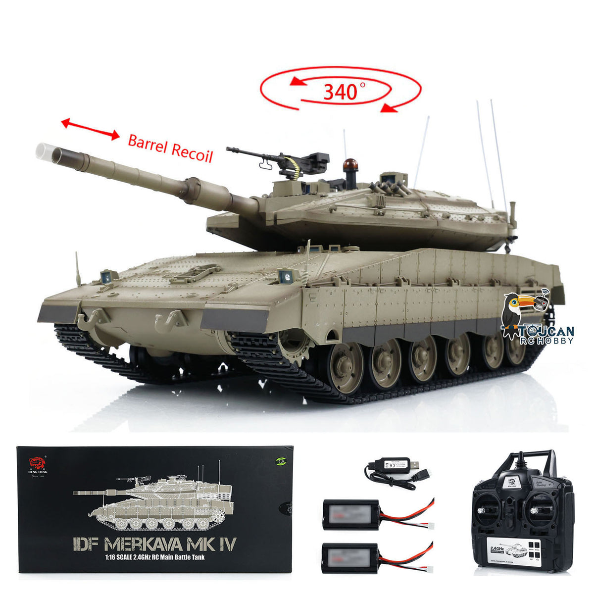 TOUCAN RC HOBBY Heng Long 1/16 RC Kampfpanzer IDF Merkava IV 3958 ferngesteuerter Militärpanzer Infrarot-Kampf BB-Schussfunktion Rauch zwei Akkus
