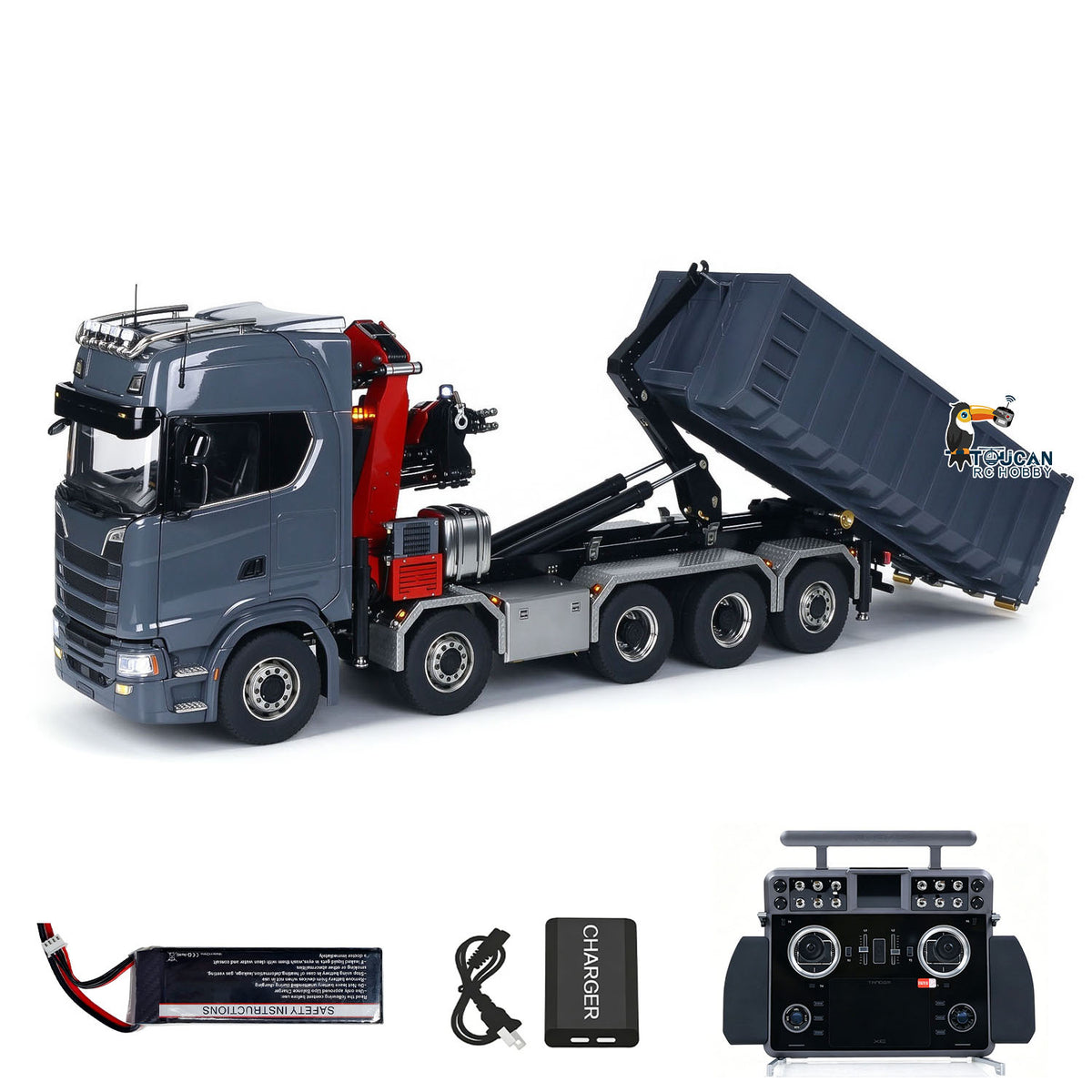 TOUCAN RC HOBBY LXY 770S 1:14 5 Axles 10x10 Metal Chassis RC Hydraulic Dump Truck Remote Control Crane Full Roll Off Dumper Frsky XE Lite RC Vehicle Model