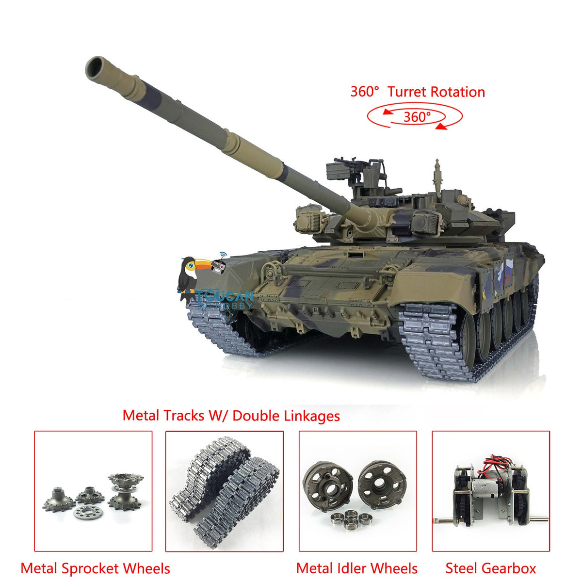 TOUCAN RC HOBBY Heng Long 1/16 TK7.0 Promotion Russia T90 RTR RC Tank 3938 with 360 Degrees Turret Red Eyes BB IR Smoke Metal Idlers Sprockets Wheels