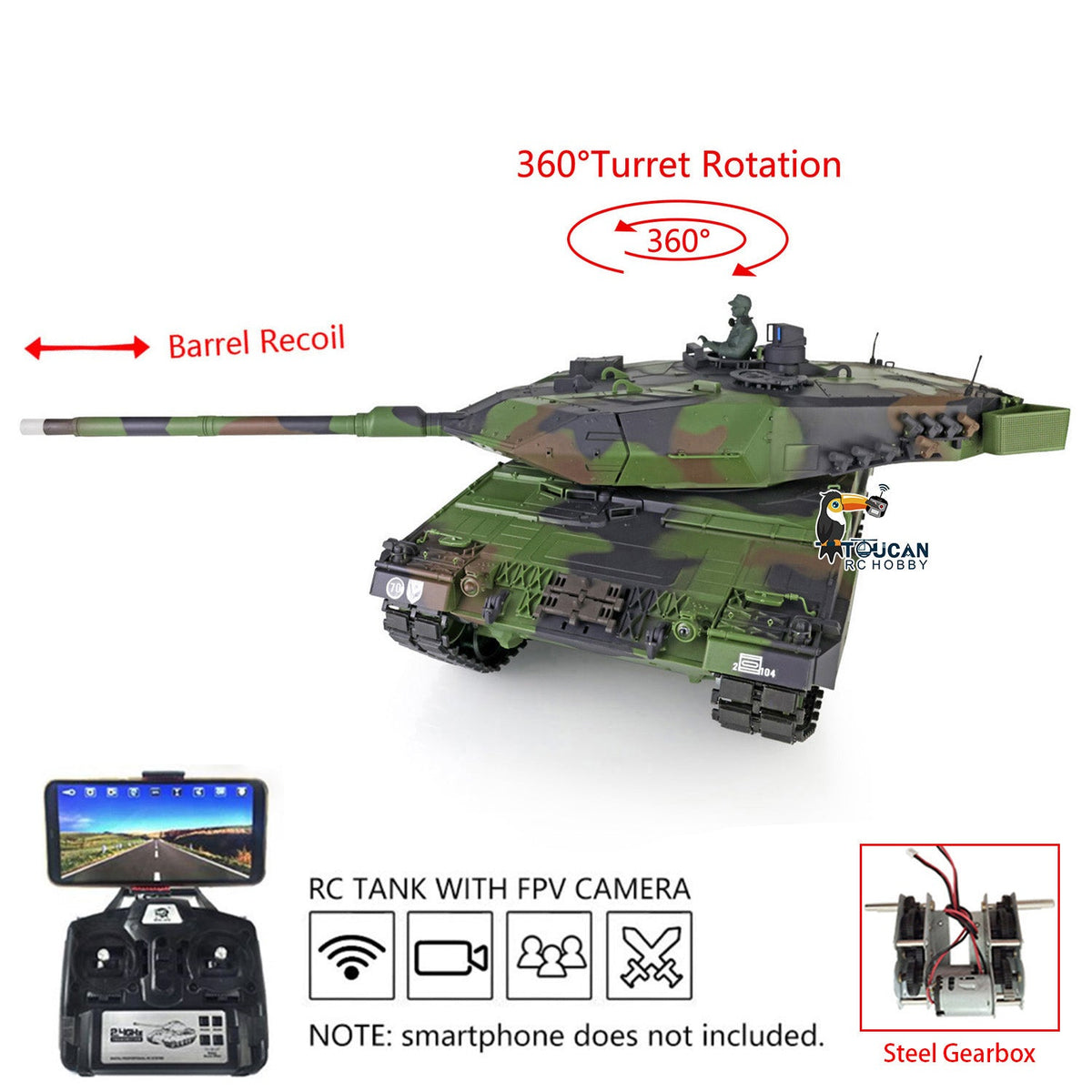 TOUCAN RC HOBBY Heng Long 1/16 TK7.0 Plastic RTR RC Tank 3889 German Leopard2A6 with BB Infrared Combat Barrel Recoil 360 Degrees Turret Smoke Steel Gearbox