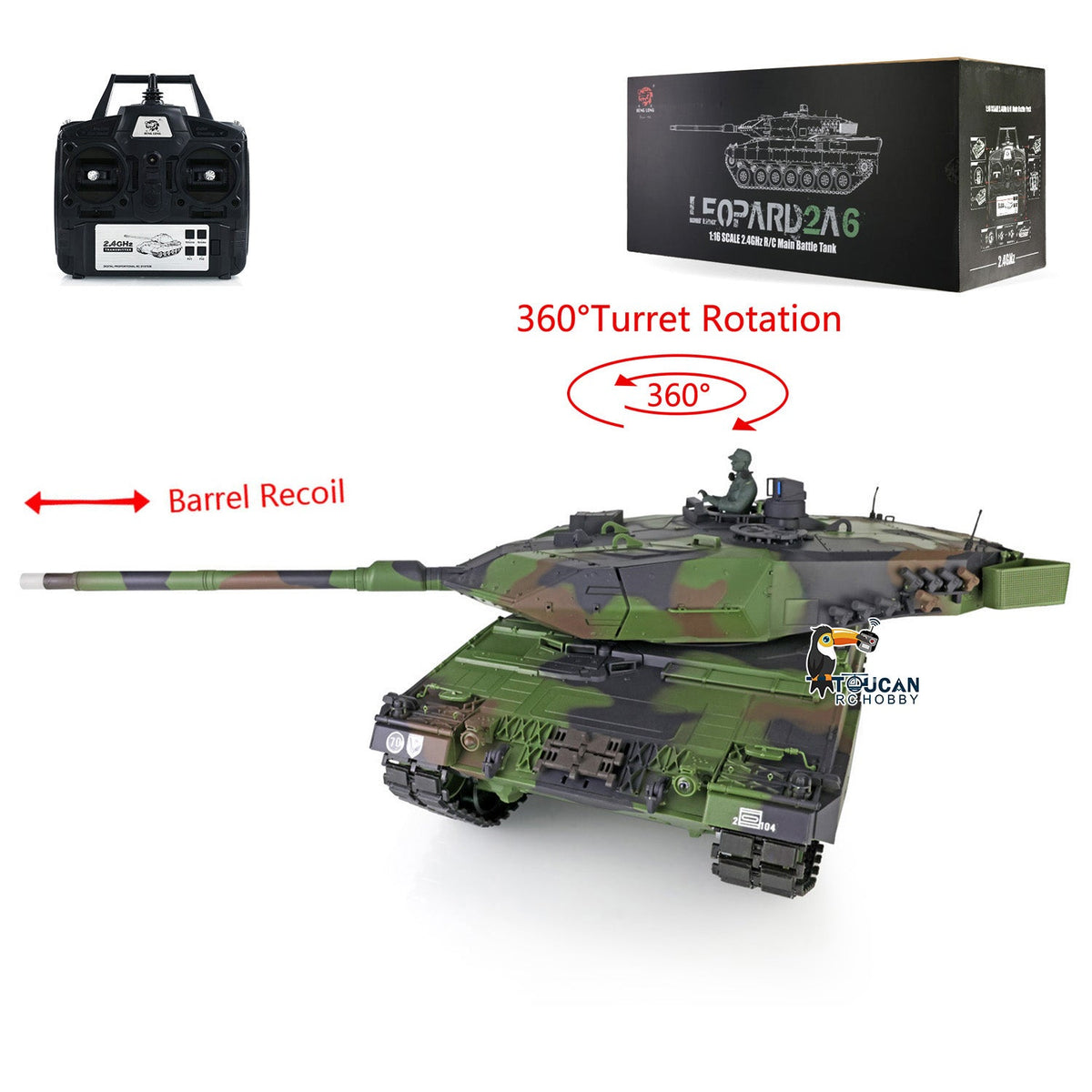 TOUCAN RC HOBBY Heng Long 1/16 TK7.0 Plastic German Leopard2A6 RTR RC Tank 3889 with 360 Degrees Turret Barrel Recoil BB Infrared Combat Smoke