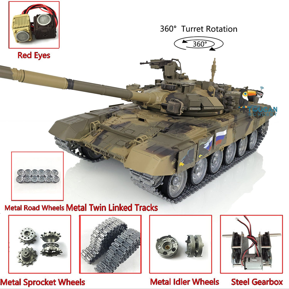TOUCAN RC HOBBY Heng Long 1/16 TK7.0 Profession Russian T90 3938 RTR RC Tank 360 Degrees Turret Red Eyes Smoke BB IR Metal Track Sprockets Idlers Road Wheels