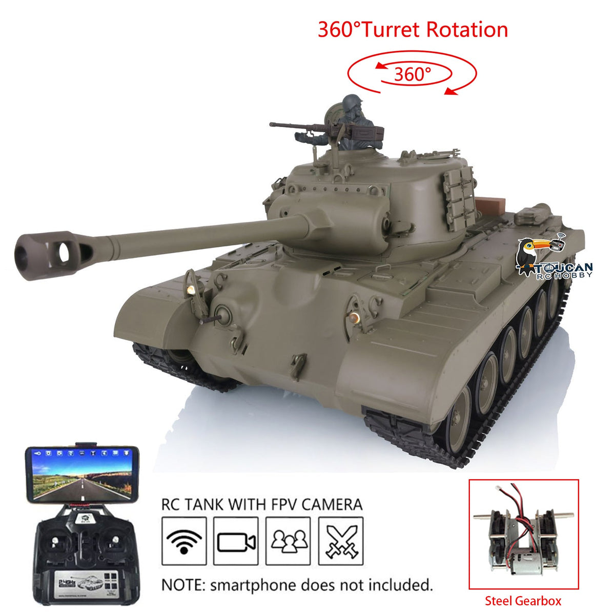 TOUCAN RC HOBBY Heng Long 1/16 Plastic TK7.0 3838 M26 RTR RC Tank Steel Gearbox FPV 360 Degrees Turret Infrared System Smoke BB Unit Sounds Lights