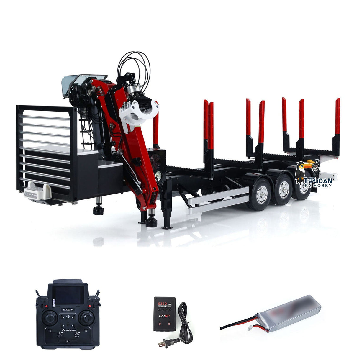 TOUCAN RC HOBBY Customized LESU Hydraulic Metal Timber Crane 1/14 RC Log Trailer Flatbed Semi Trailer Painted and Assembled 99*40*20(cm) Light System