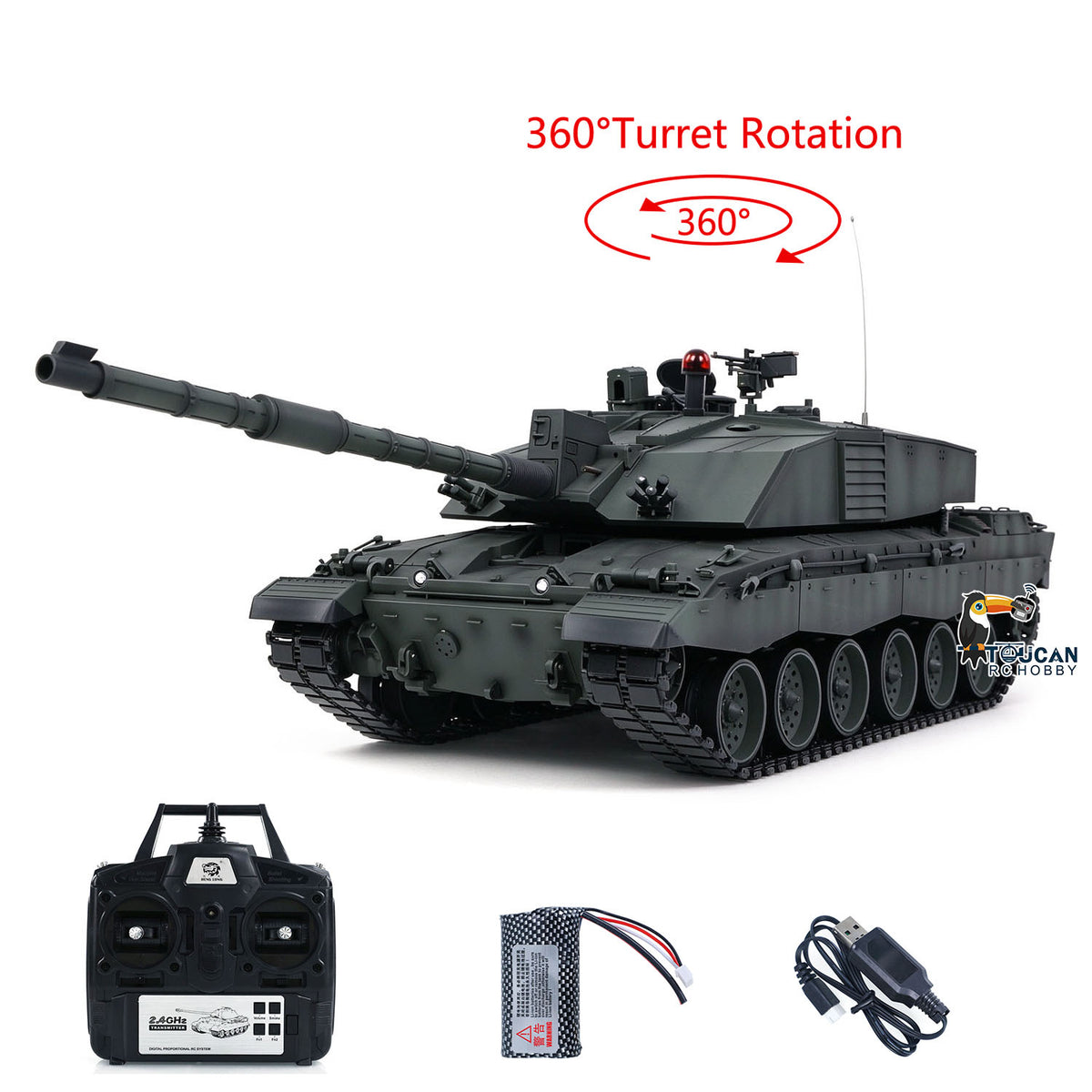 TOUCAN RC HOBBY Heng Long 7.0 1:16 Challenger II RTR RC-Panzermodell 3908 360-Grad-Turm Stahlgetriebe Metallketten Leit- und Antriebsräder Laufrollen