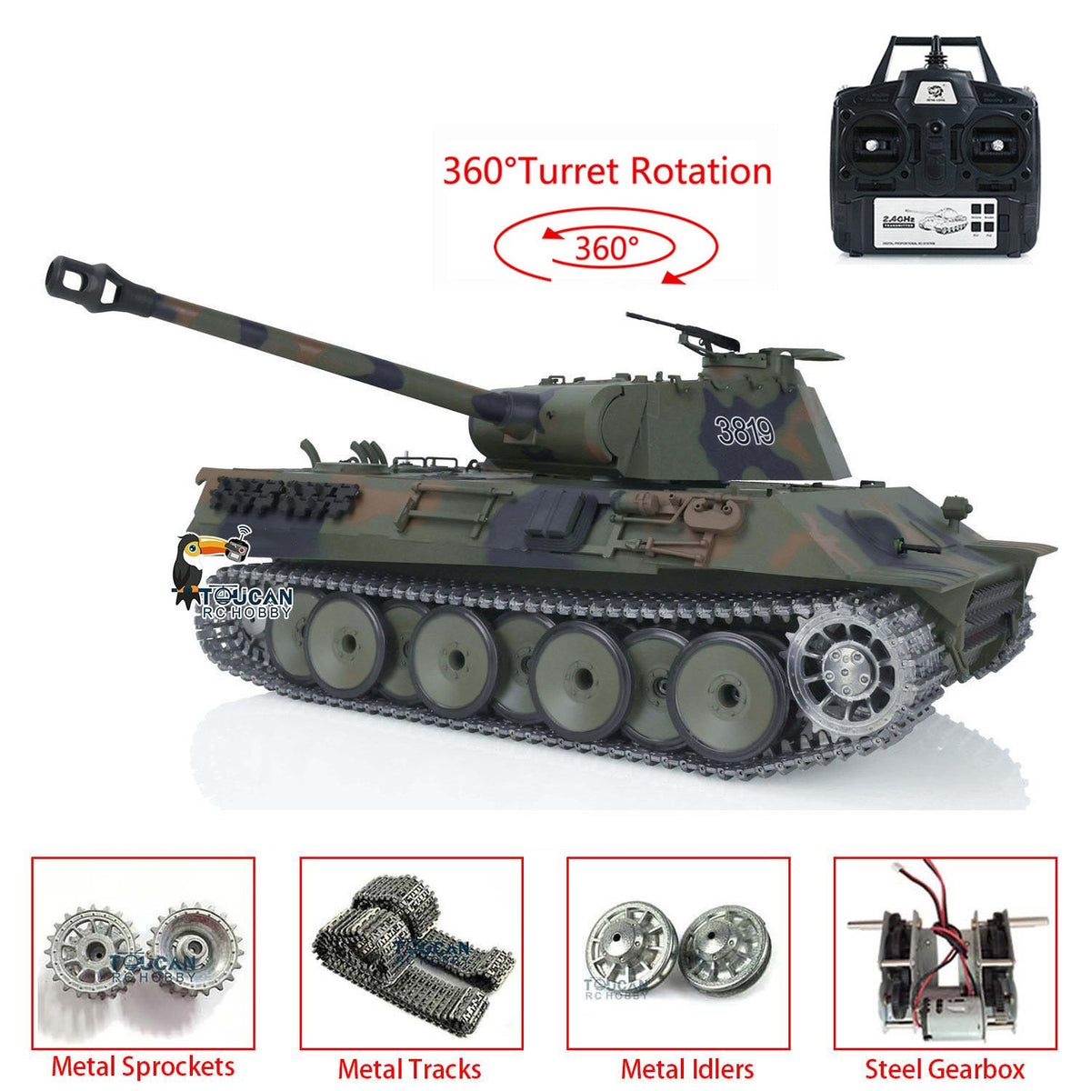 TOUCAN RC HOBBY Heng Long 1/16 TK7.0 Promotion 3819 German Panther V RTR RC Tank IR BB 360 Degrees Turret Smoke Metal Tracks Sprockets Idlers Wheels Gearbox