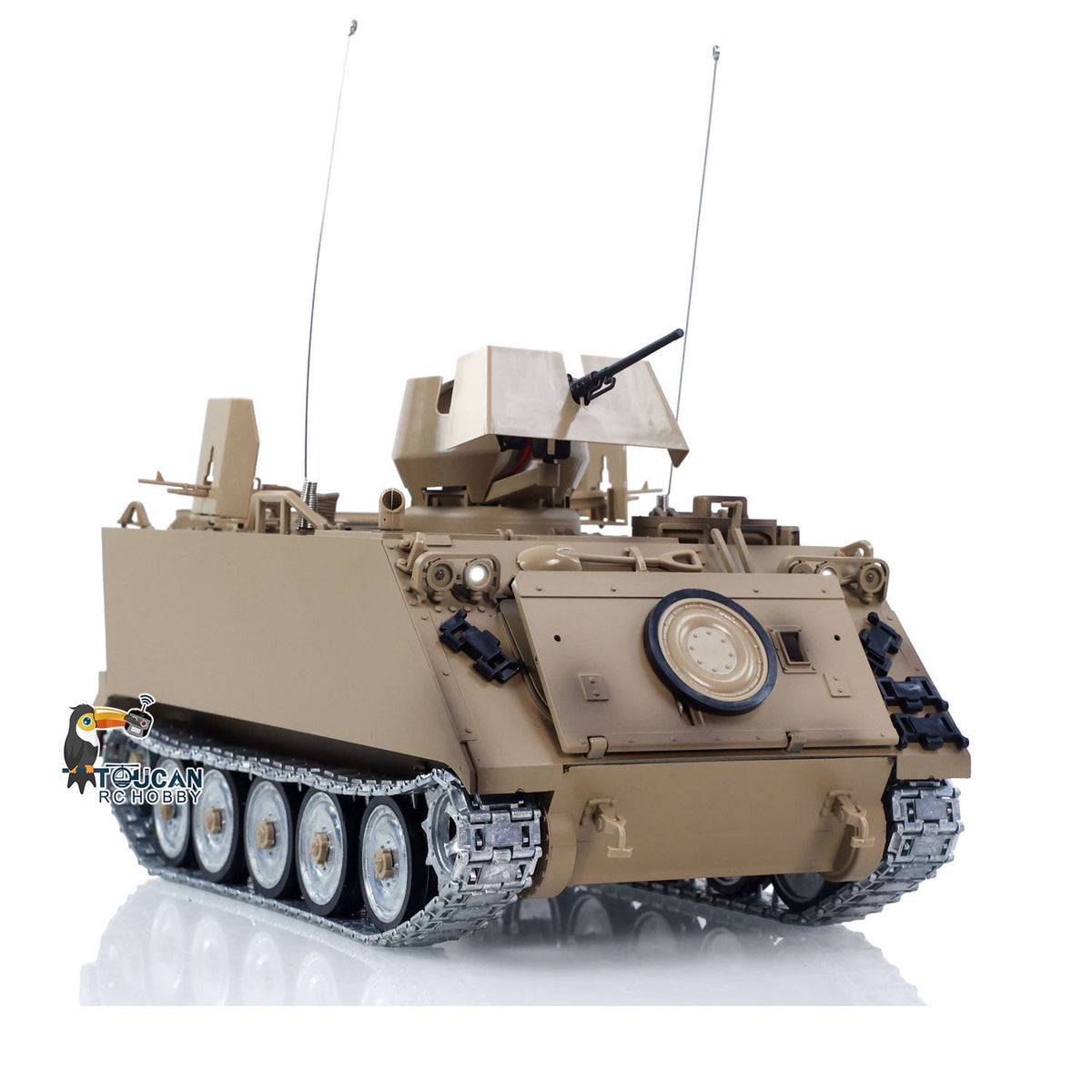 TOUCAN RC HOBBY Tongde Metal 1/16 RC Tank M113A1 Pro Edition Remote Control Electronic 360 Turret Rotation Infrared Combat System Smoke Unit Light Sound Adjustable Tracks Metal Wheels Gearboxes Battery