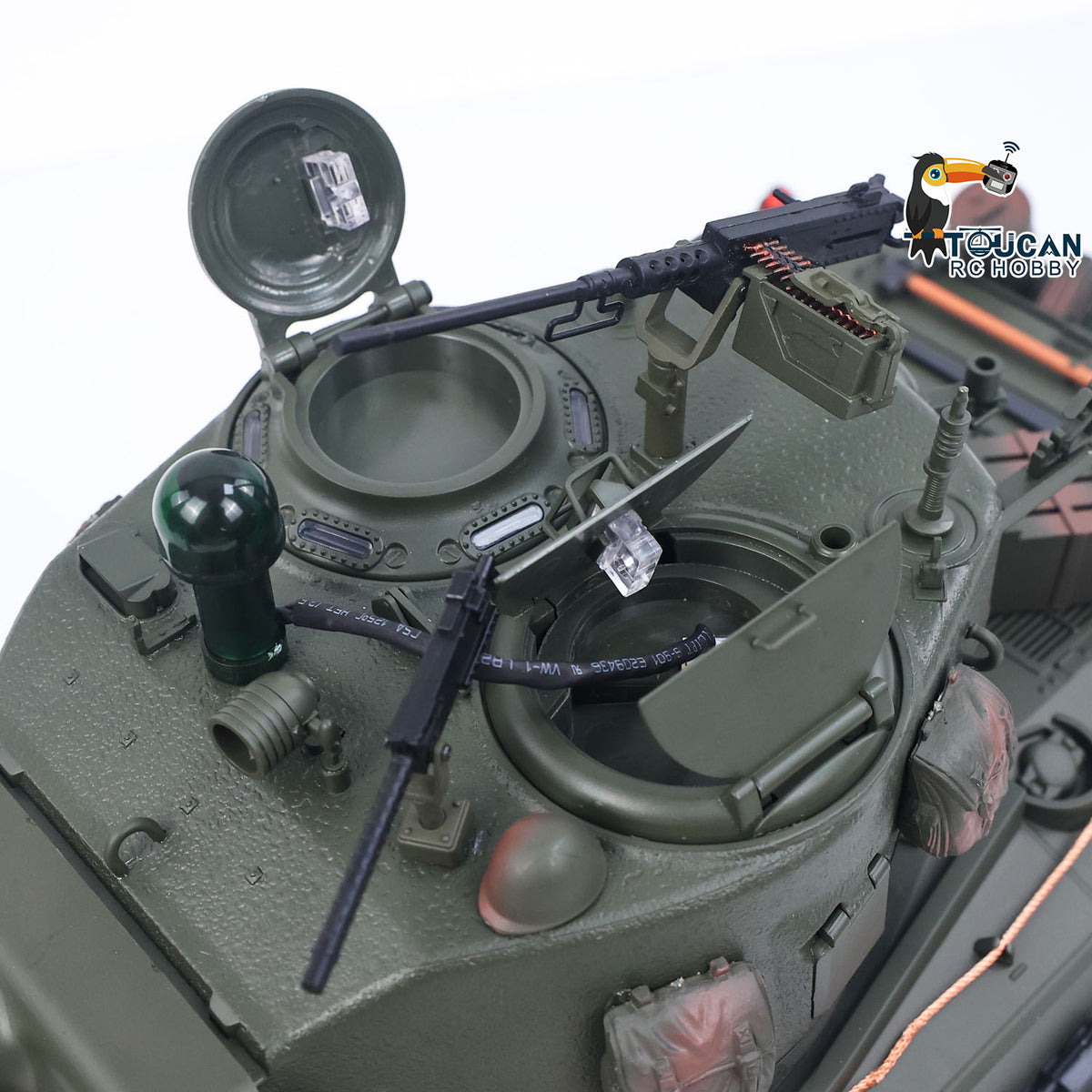 TOUCAN RC HOBBY HHRC US Stock RTR 1/16 RC Tank Sherman M4A3E8 IR BB Barrel Elevation Smoking Metal Chassis Tracks Road Wheels Machine Gun 360 Degree Rotation