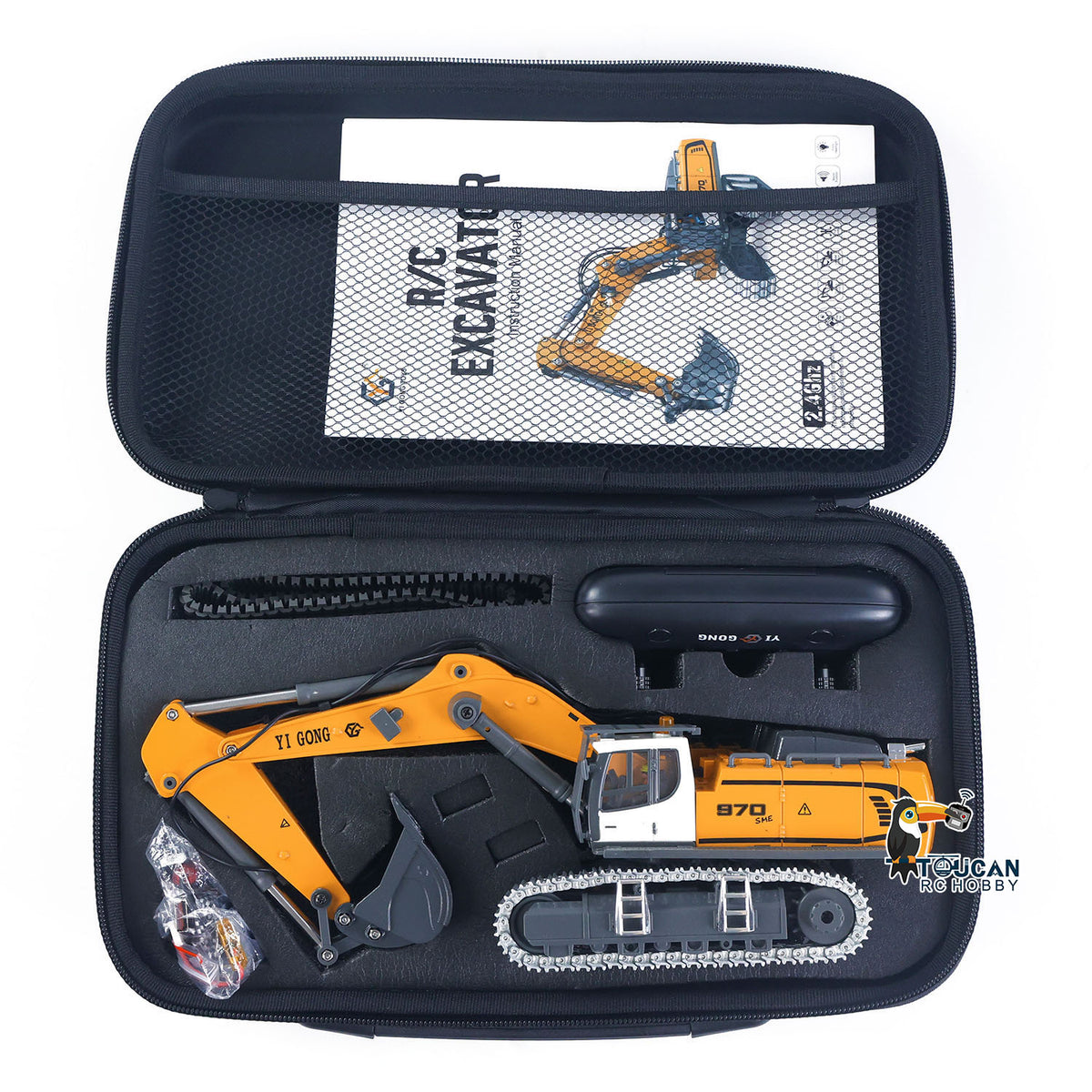 TOUCAN RC HOBBY Yi Gong 1/50 Plastic RC Excavator K970 Mini Electric Lifting Digger RTR Metal Tracks Bucket N20S Motor Lights Sound Remote Control Battery Collectible