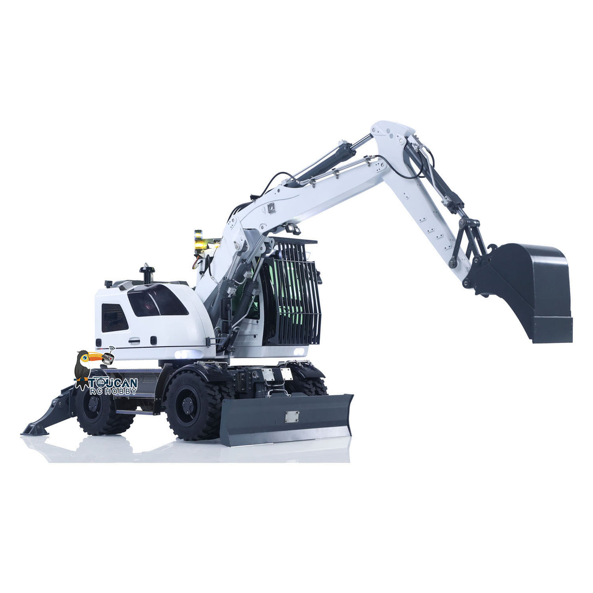 TOUCAN RC HOBBY CUT RC HobbyModel LR914 1/14 Metal RC Hydraulic Wheel Excavator RTR 3 Arms 8-Way Valve Digger PL18EV Lite Controller Manual Quick Coupler Light & Sound System Cabin Guard Rail Tail hook for Model Collectors