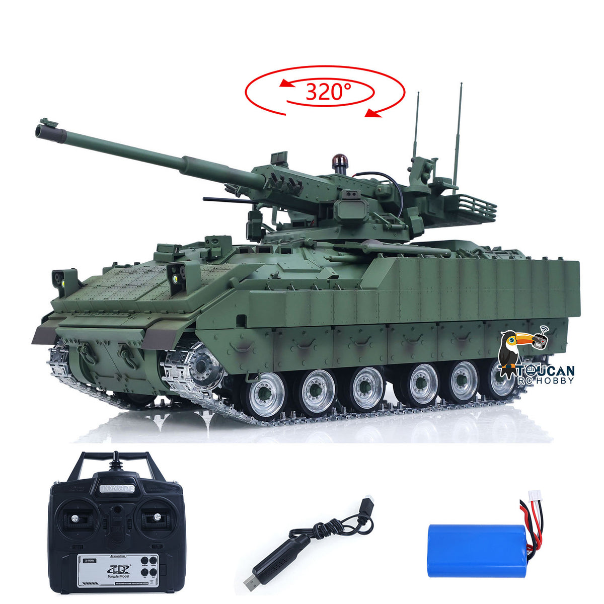TOUCAN RC HOBBY Tongde 1/16 Remote Control Tank Model M2128 Bradley Infrared System 320 Degree Rotation Turret Light Sounds Battery Ready to Run