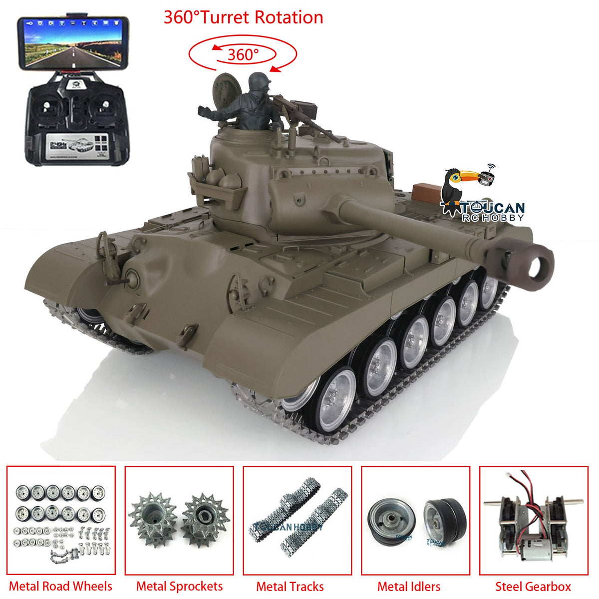 TOUCAN RC HOBBY Heng Long 1/16 TK7.0 Customized USA M26 Pershing 3838 RTR RC Tank FPV BB IR 360 Degrees Turret Smoke Metal Tracks Drive Road Idlers Wheels Gearbox