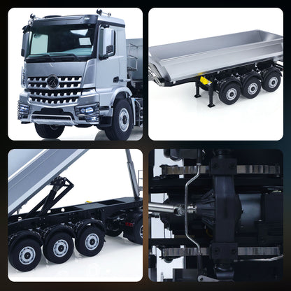 TOUCAN RC HOBBY Camion tracteur radiocommandé 4x4 en métal Kabolite 1/14 à 3 essieux avec remorque benne basculante électrique, modèle réduit 5801 RTR, transmission à 2 vitesses, batterie, éclairage et son