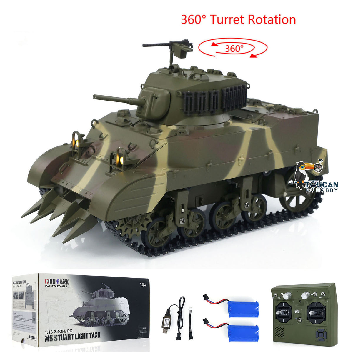TOUCAN RC HOBBY Heng Long 1/16 RC Tank US M5A1 Stuart VI Remote Control RTR Light Tank 360 Smoking Radio System Barrel Recoil Light Flash Two Battery