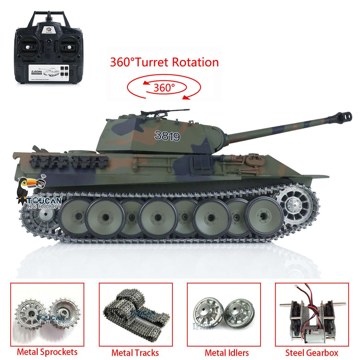 TOUCAN RC HOBBY Heng Long 1/16 TK7.0 Promotion 3819 German Panther V RTR RC Tank IR BB 360 Degrees Turret Smoke Metal Tracks Sprockets Idlers Wheels Gearbox