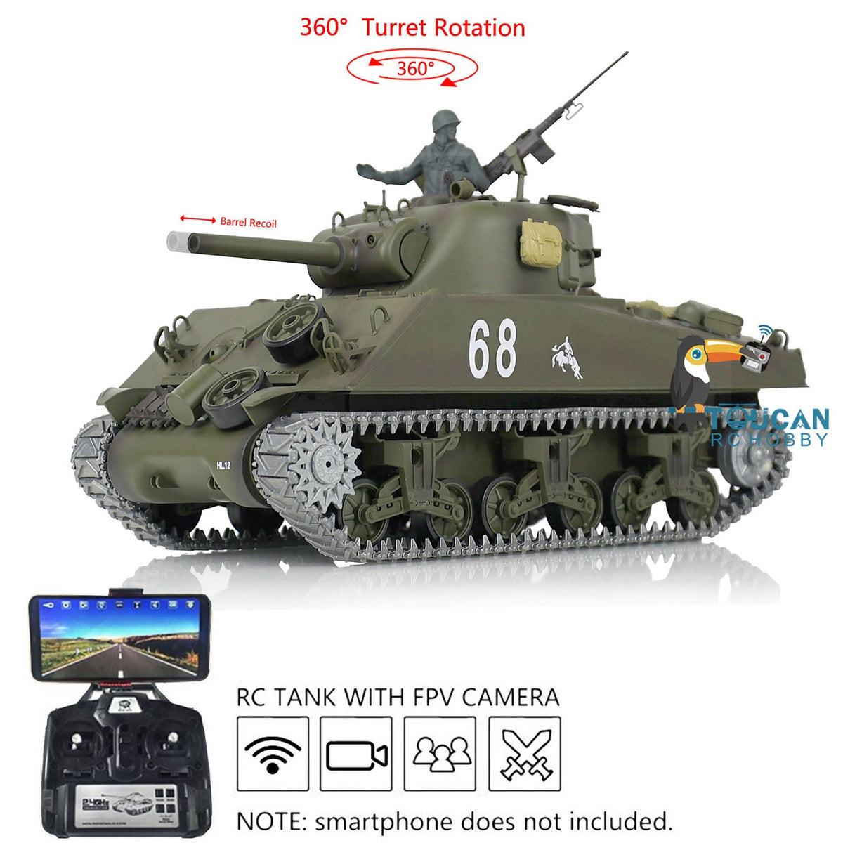 TOUCAN RC HOBBY Heng Long 1/16 TK7.0 USA M4A3 Sherman 3898 RTR RC Tank FPV Barrel Recoil 360 Degrees Turret BB IR Smoke Metal Tracks Sprockets Idlers Wheels