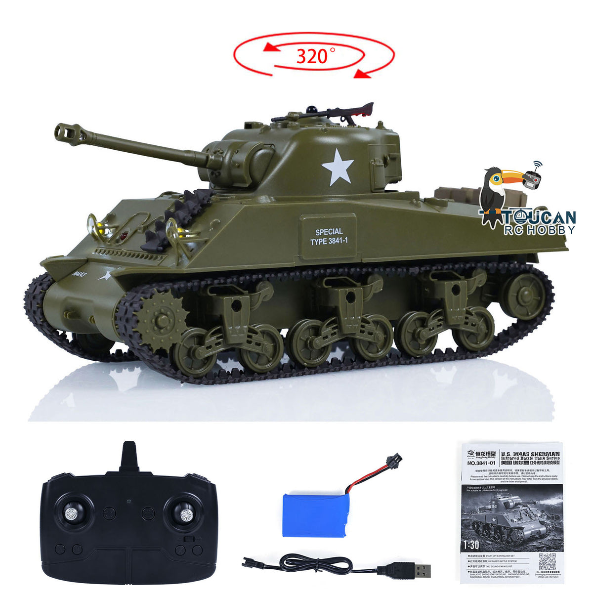 TOUCAN RC HOBBY 1/30 Heng Long Plastic RC Battle Tank Sherman M4A3 3841-01 2.4G Remote Control Panzer Military Vehicles Painted Assembled