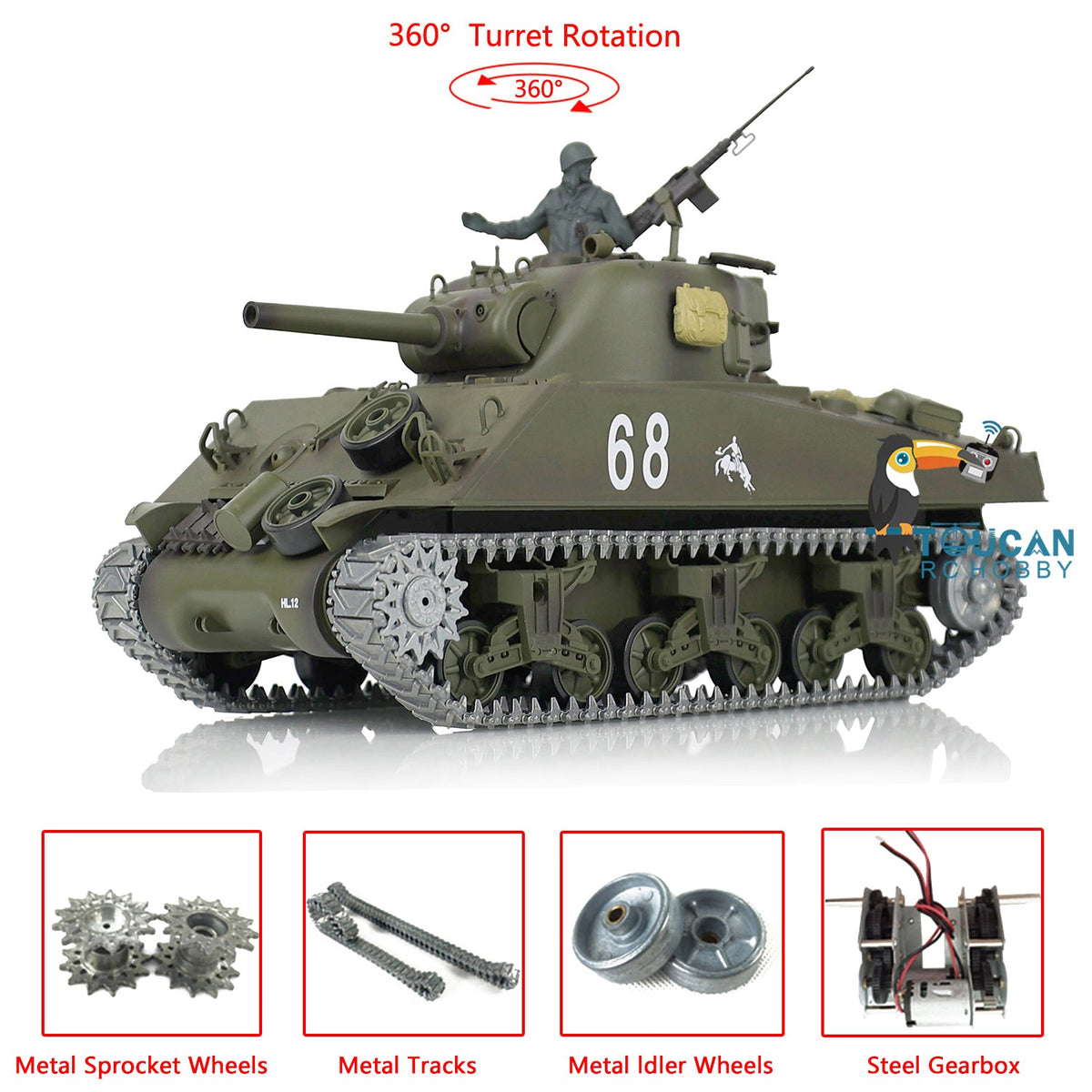 TOUCAN RC HOBBY Heng Long 1/16 TK7.0 Promotion USA M4A3 Sherman RTR RC Tank 3898 360 Degrees Turret Smoke BB IR Metal Barrel Tracks Sprockets Idlers Wheels Gearbox