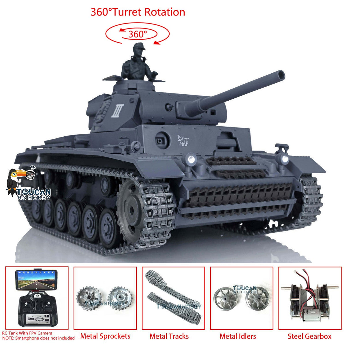 TOUCAN RC HOBBY Heng Long 1/16 TK7.0 Promotion German Panzer III L RTR RC Tank 3848 FPV 360 Degrees Turret IR BB Smoke Metal Barrel Idlers Sprockets Wheels Tracks Gearbox