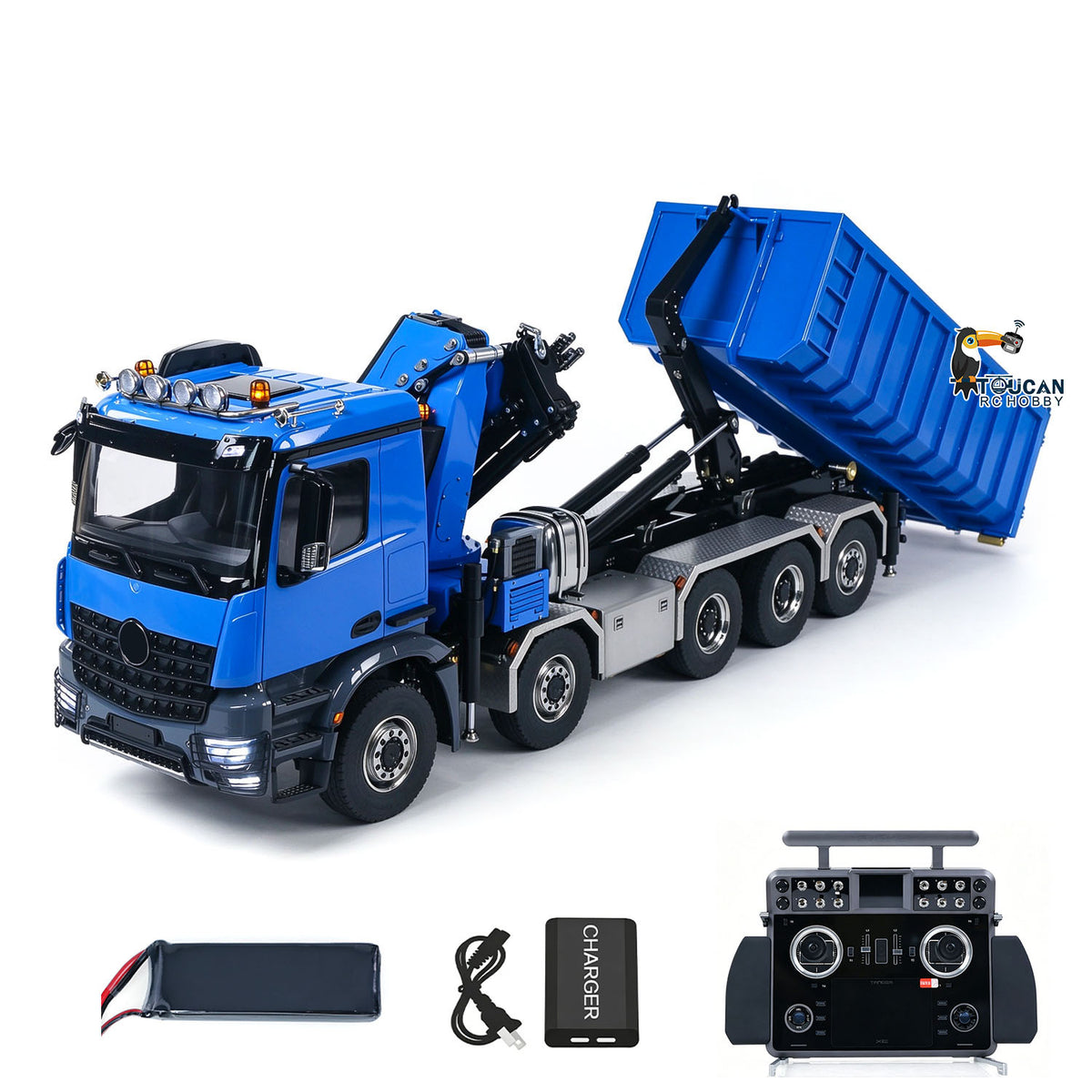 TOUCAN RC HOBBY LXY 1/14 10x10 Metal RC Hydraulic Roll on off Crane Dumper Truck Tipper Vehicle 3-Speed Gearbox Rear Steering Lift XELite Controller 9-way Reversing Valve Light