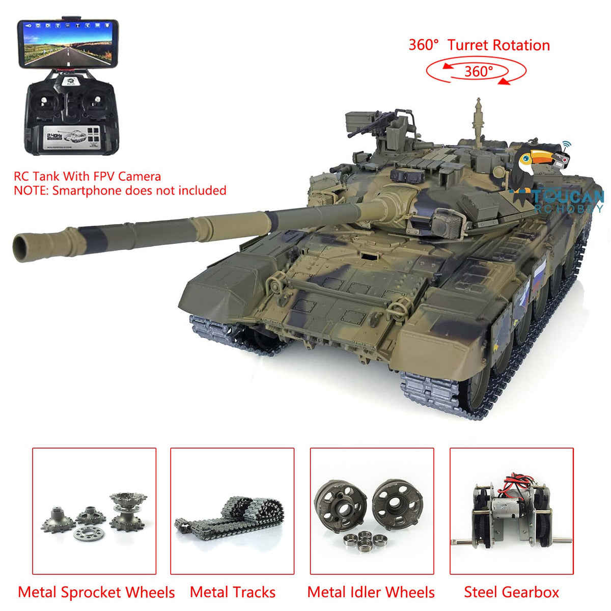 TOUCAN RC HOBBY Heng Long 1/16 TK7.0 Plastic Russian T90 RTR RC Tank 3938 with Steel Gearbox Metal Barrel Recoil 360 Degrees Turret BB Unit Infrared Combat