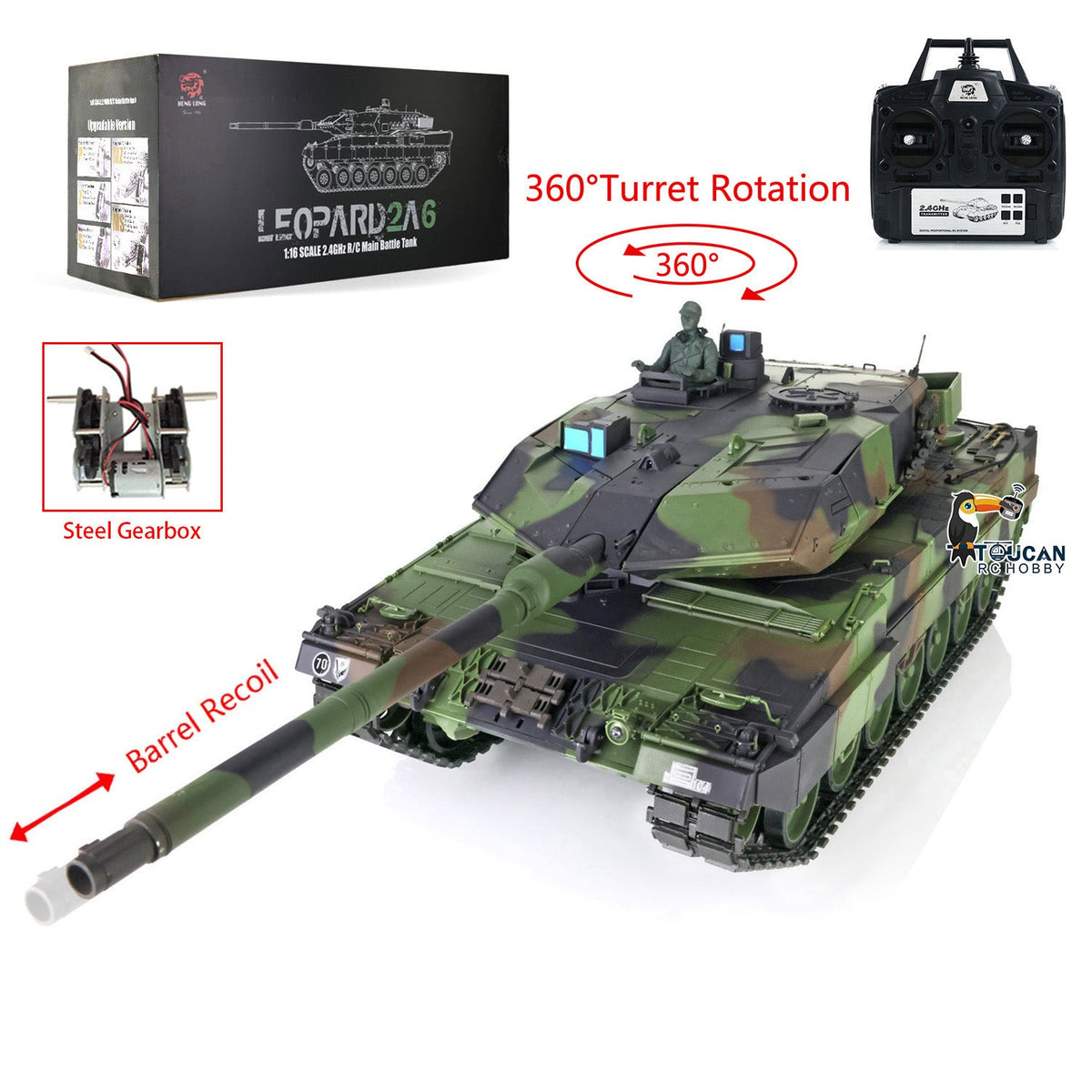 TOUCAN RC HOBBY Heng Long 1/16 TK7.0 Plastic RTR RC Tank 3889 German Leopard2A6 with BB Infrared Combat Barrel Recoil 360 Degrees Turret Smoke Steel Gearbox