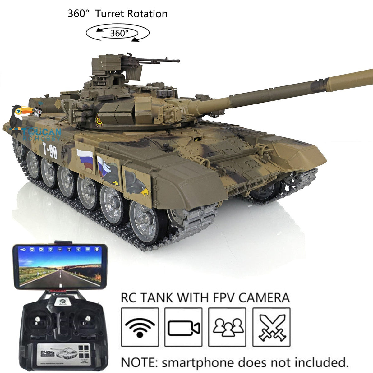 TOUCAN RC HOBBY Heng Long 1/16 TK7.0 Profession 3938 Russian T90 RTR RC Tank FPV 360 Degrees Turret IR BB Smoke Metal Sprockets Idlers Road Wheels