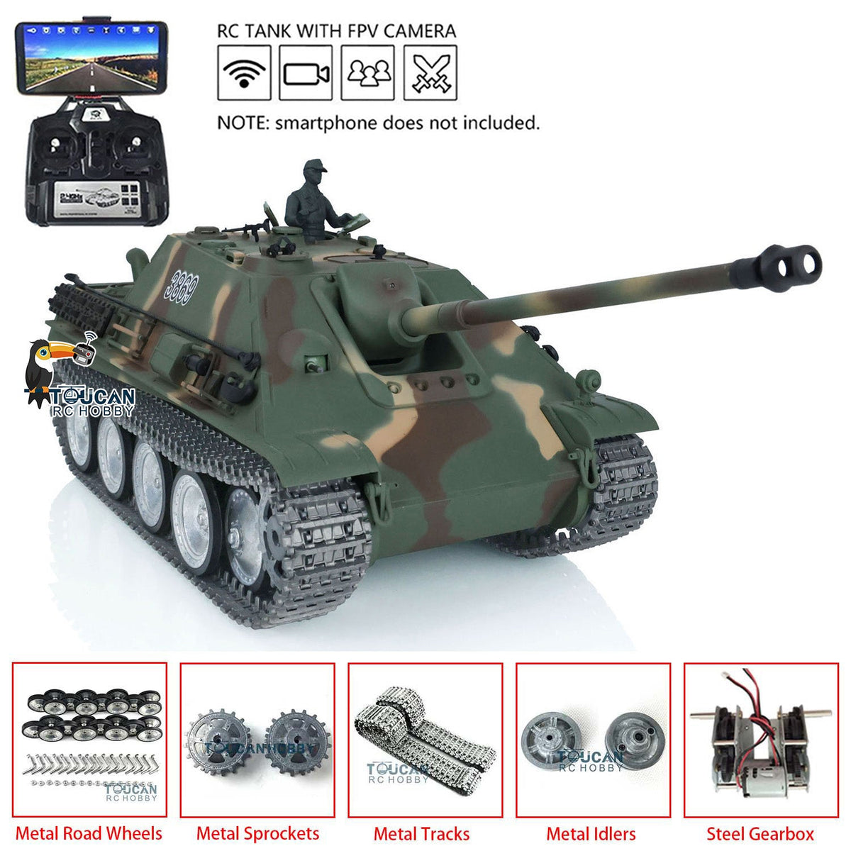 TOUCAN RC HOBBY Heng Long 1/16 TK7.0 Profession German Jadpanther RTR RC Tank 3869 FPV Smoke Infrared Combat BB Unit Metal Sprockets Idlers Road Wheels Tracks