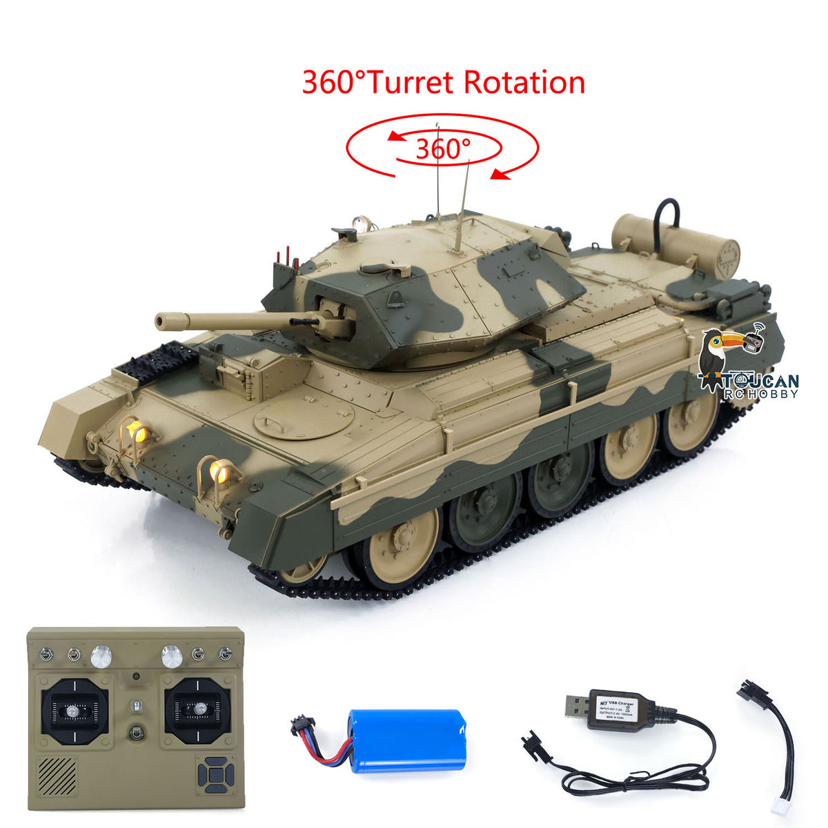 TOUCAN RC HOBBY CoolBank 1/16 Radio Control Tank Crusader MK III 360 Degre Turret Rotation Barrel Recoil Elevation Light Sound Smoke System